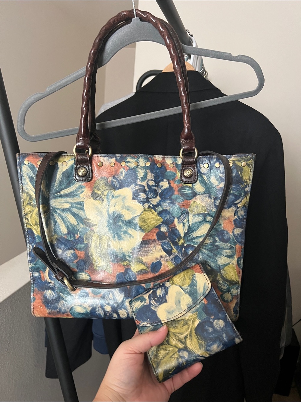Patricia Nash Floral Print Tote Bag with Matching Wallet- Blue Multi